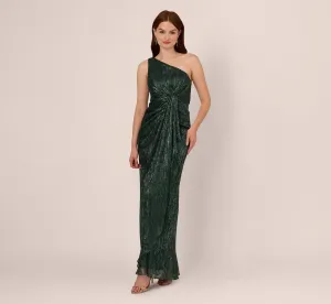 Stardust Pleated Draped One Shoulder Gown In Green Pine