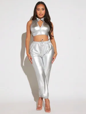 SXY Drawstring Waist Metallic Pants