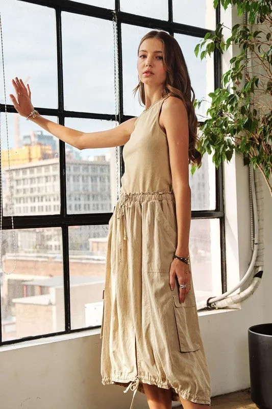 Tan Drawstring Sleeveless Washed Dress