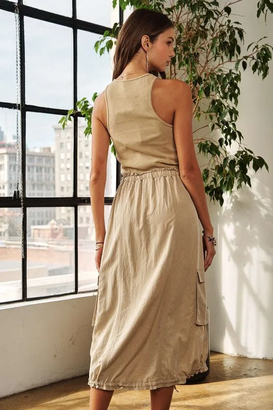 Tan Drawstring Sleeveless Washed Dress