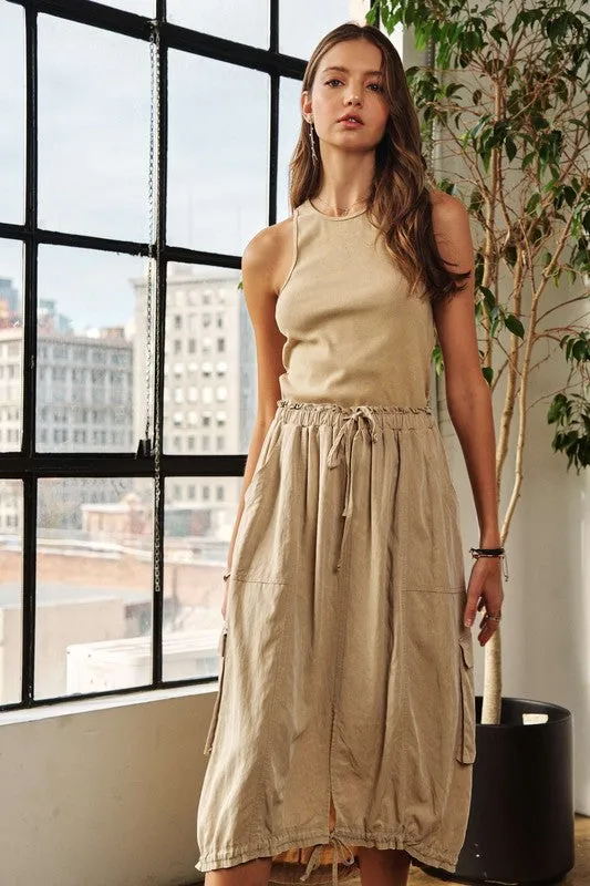 Tan Drawstring Sleeveless Washed Dress