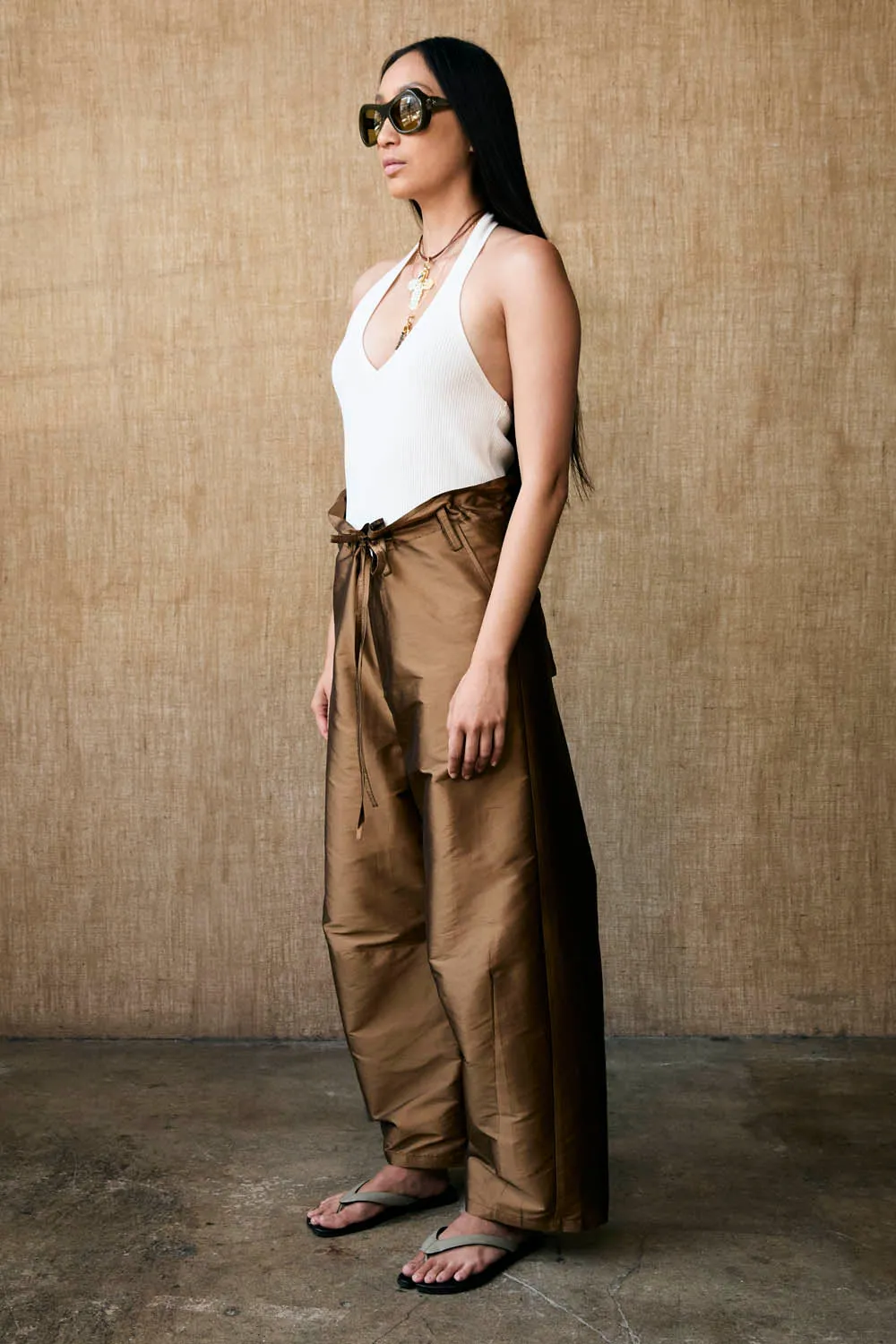 Techno Taffeta Barrel Pant in Bronze