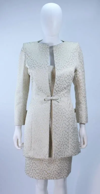 TRAVILLA 2 pc White & Gold Metallic Silk Dress & Coat Size 8