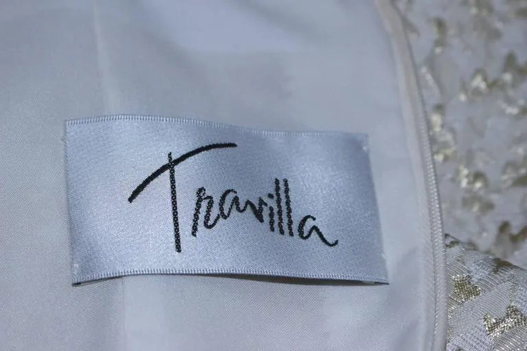 TRAVILLA 2 pc White & Gold Metallic Silk Dress & Coat Size 8