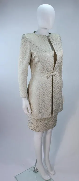 TRAVILLA 2 pc White & Gold Metallic Silk Dress & Coat Size 8