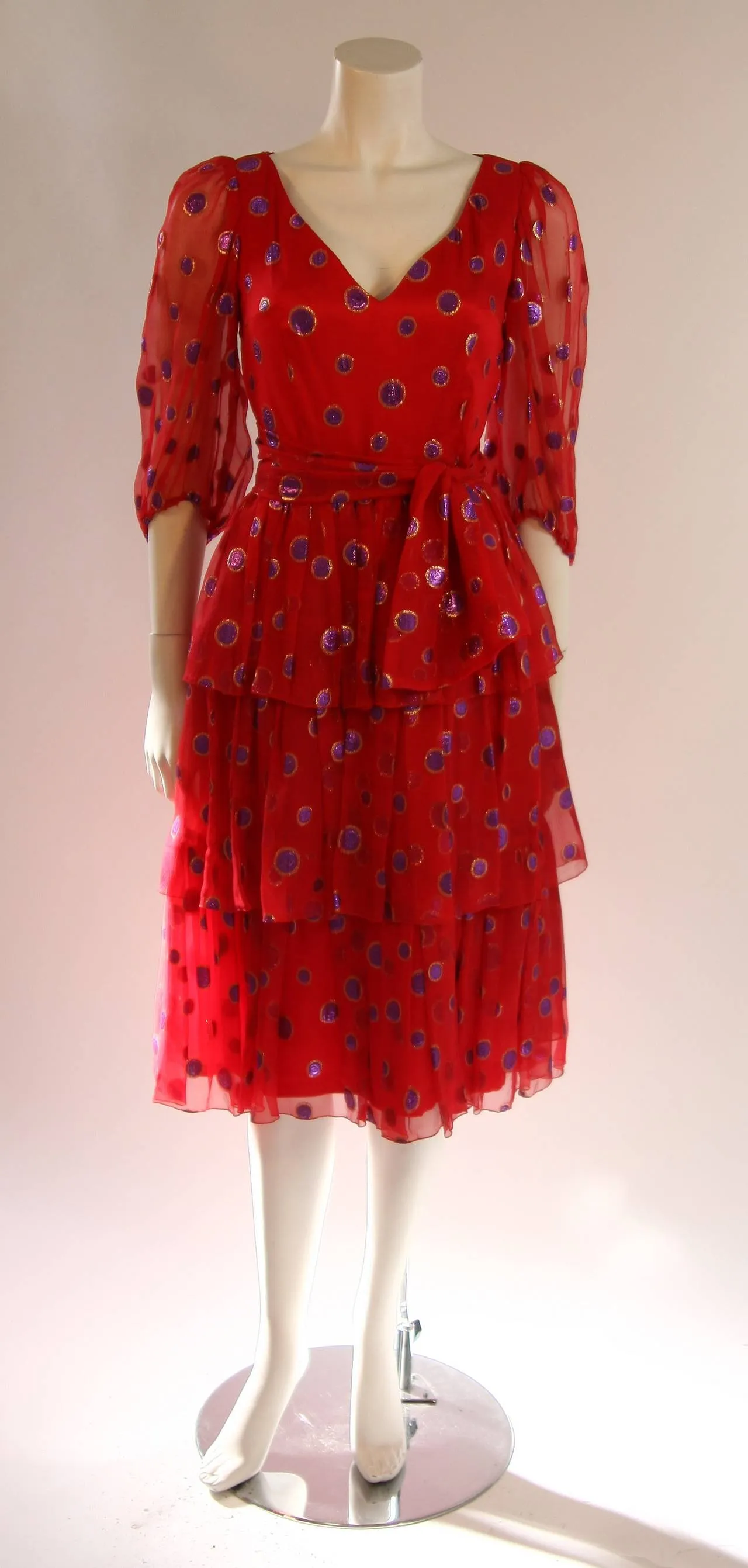 VINTAGE Circa 1970s Red Silk Tired Dress, Purple Metallic Accents