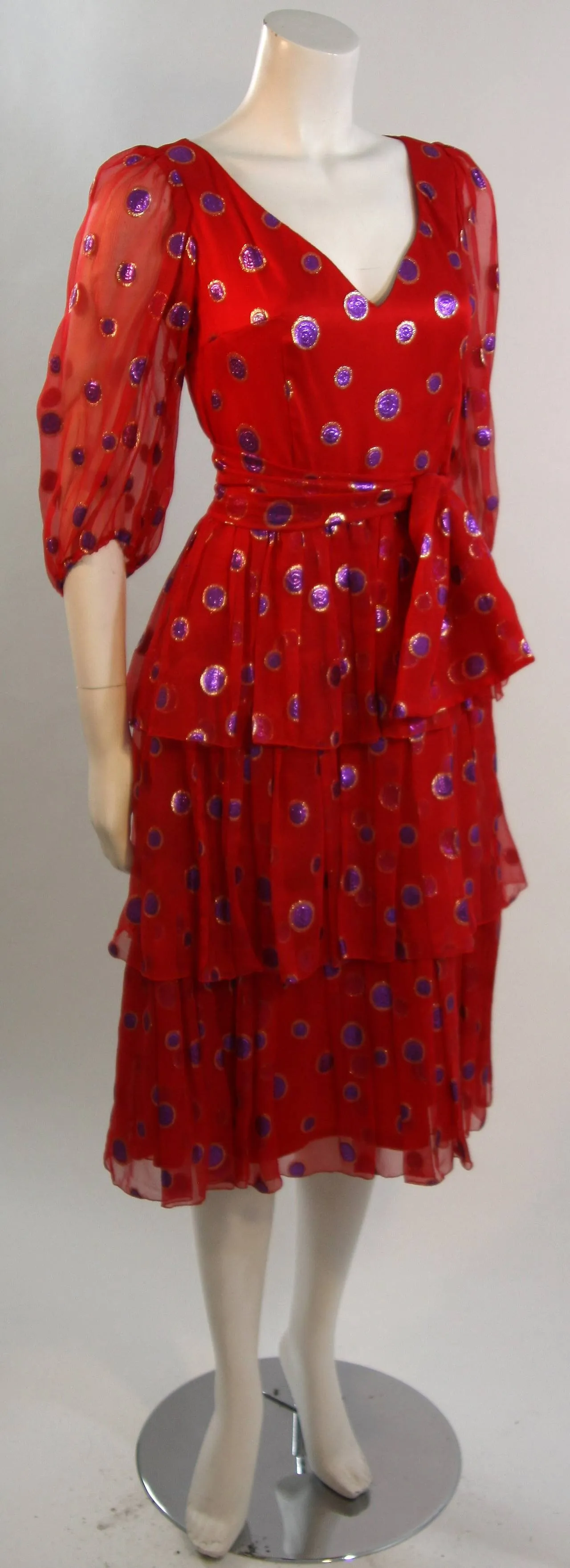VINTAGE Circa 1970s Red Silk Tired Dress, Purple Metallic Accents