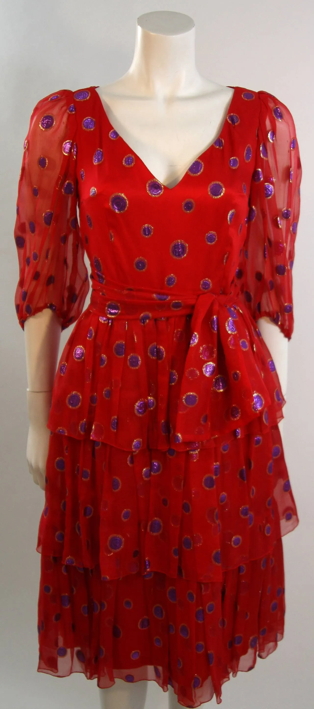 VINTAGE Circa 1970s Red Silk Tired Dress, Purple Metallic Accents