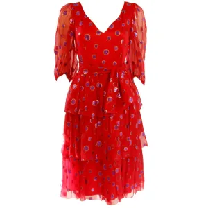 VINTAGE Circa 1970s Red Silk Tired Dress, Purple Metallic Accents