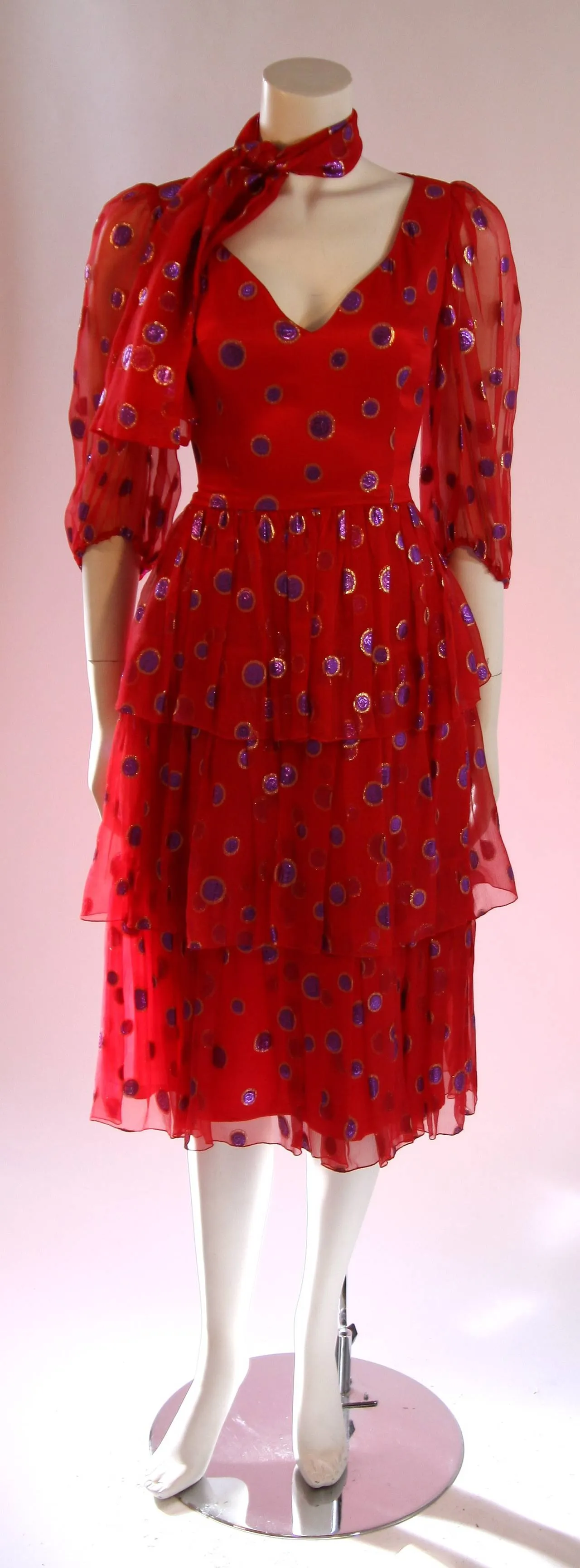 VINTAGE Circa 1970s Red Silk Tired Dress, Purple Metallic Accents