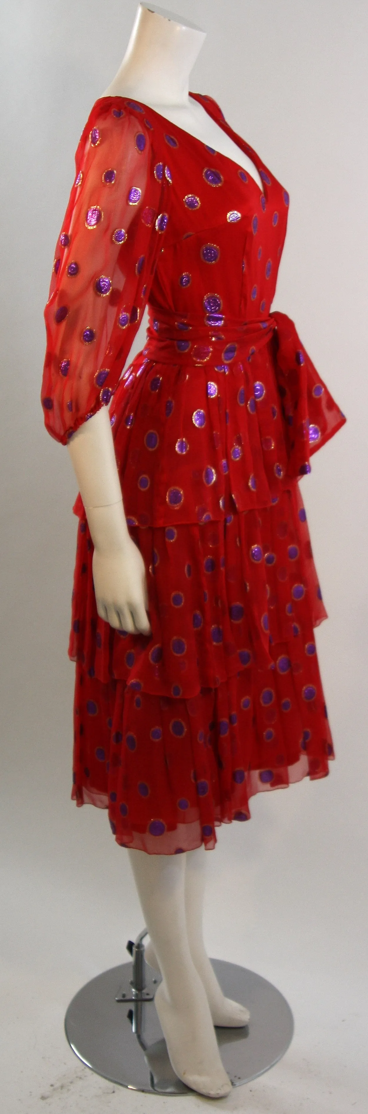 VINTAGE Circa 1970s Red Silk Tired Dress, Purple Metallic Accents