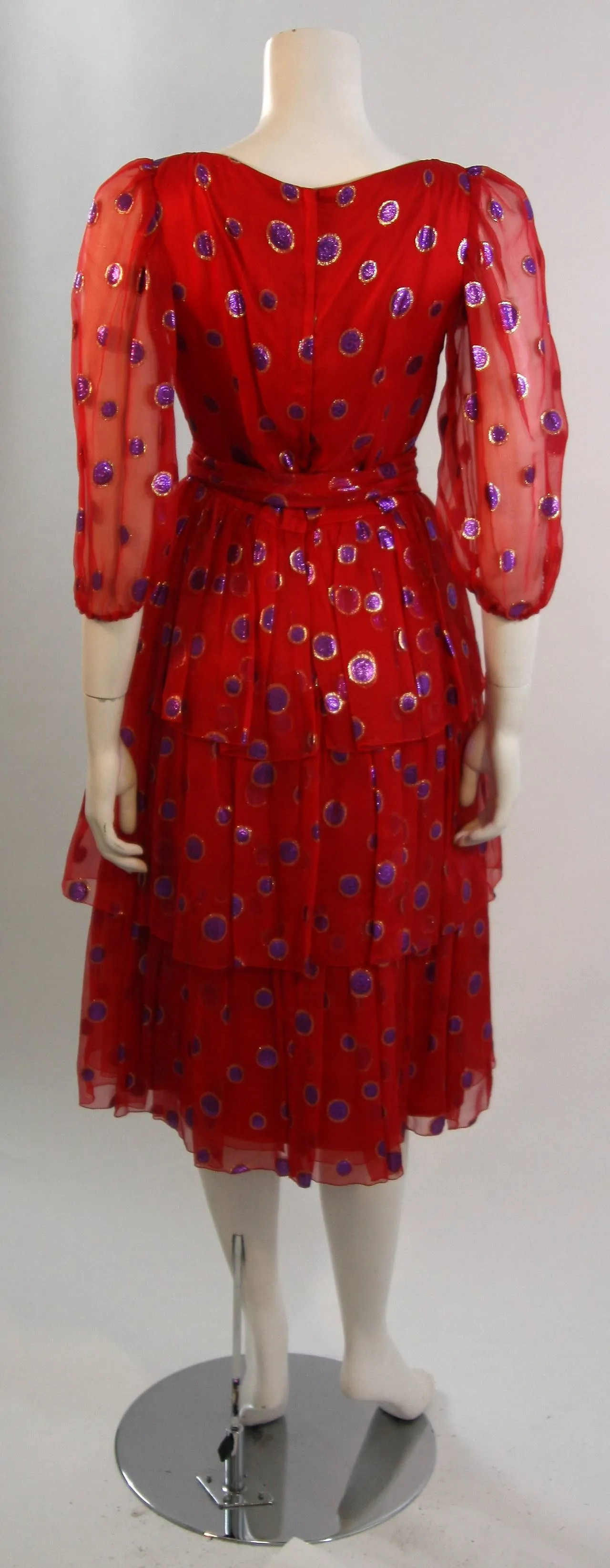 VINTAGE Circa 1970s Red Silk Tired Dress, Purple Metallic Accents